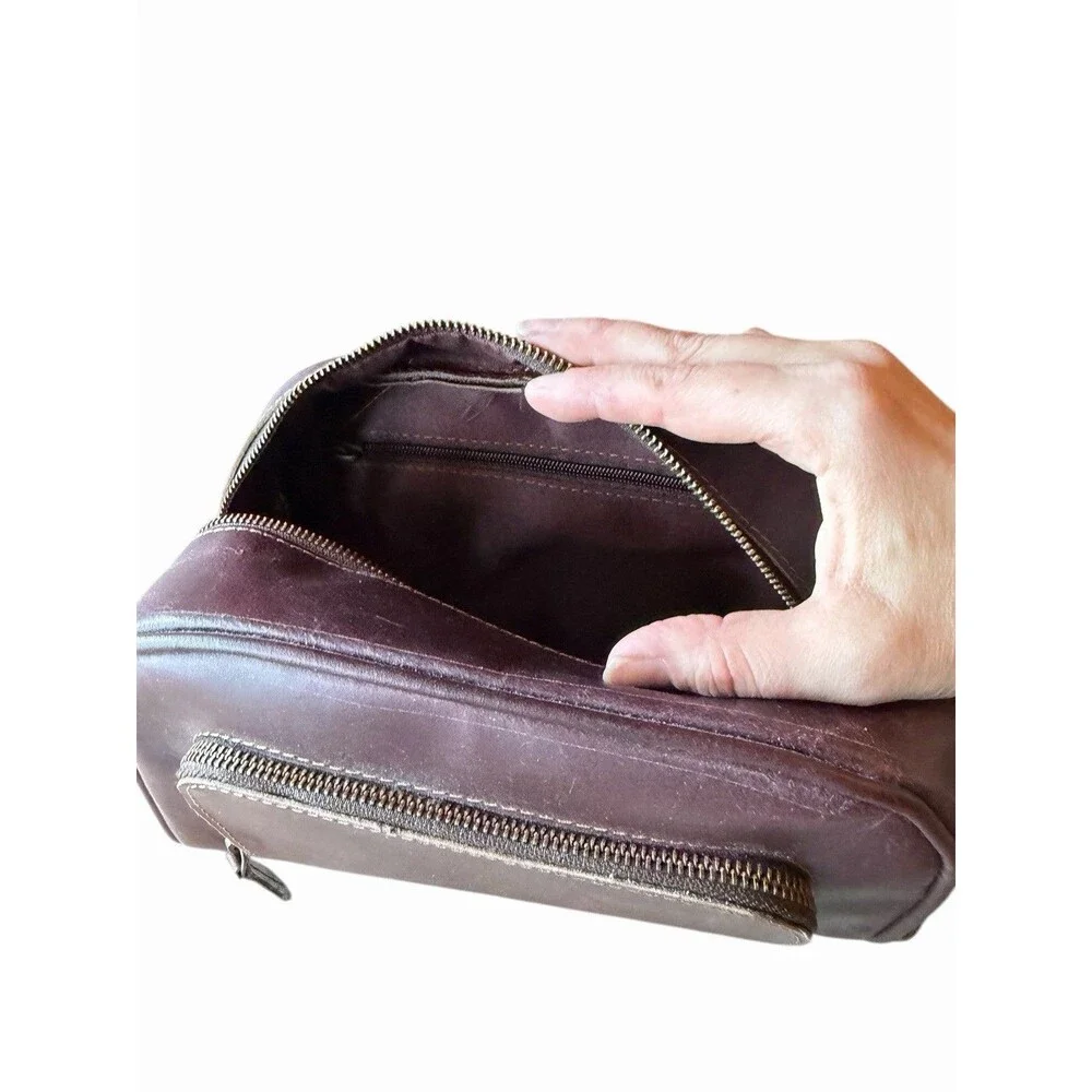 New Brown Leather Men's Toiletry Shaving Bag Metal Zippers Distressed Retro